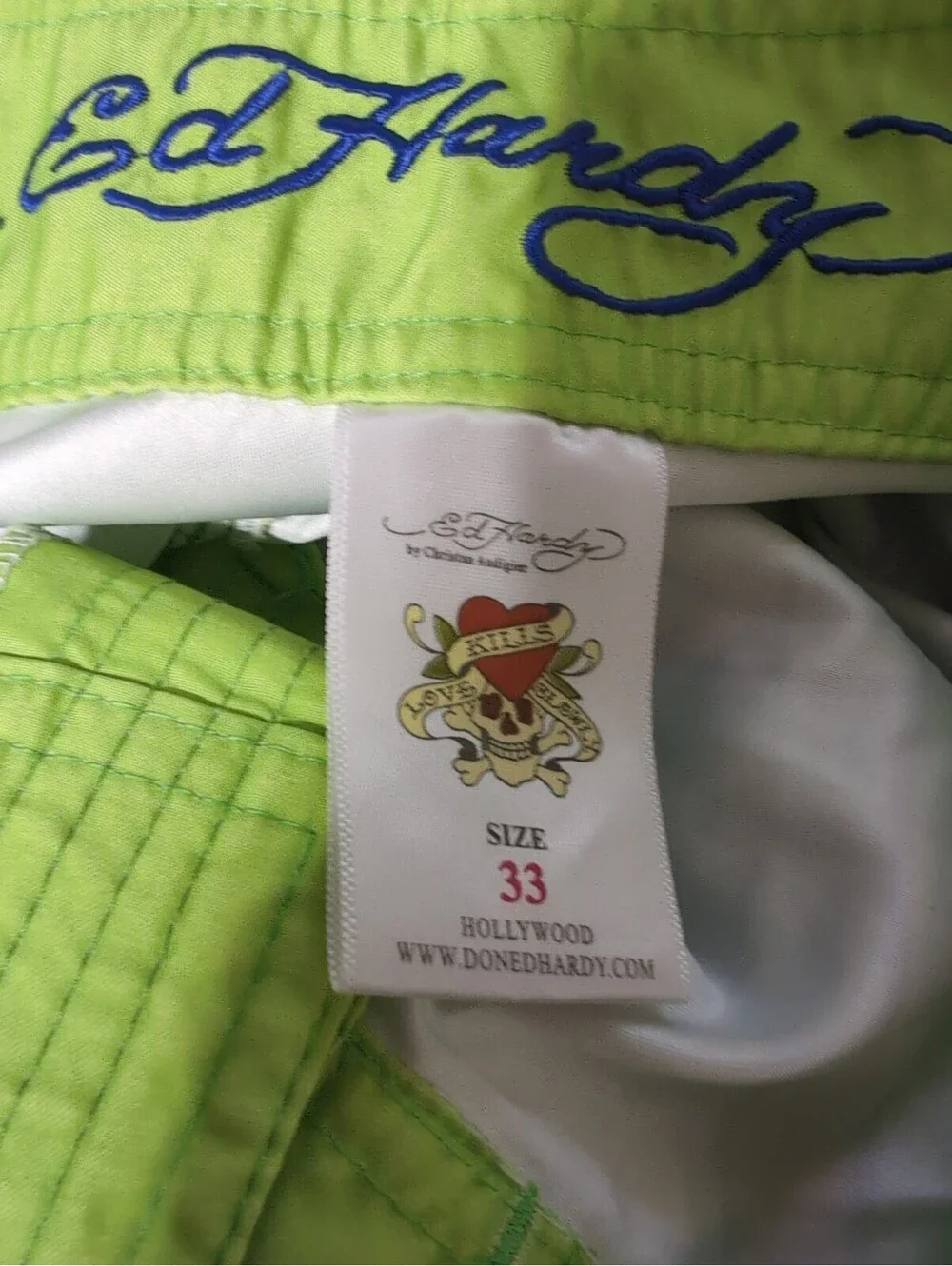 Vtg Ed Hardy By Christian Audigier Surf Or Die Board Shorts Lime Men 33(1600)F
